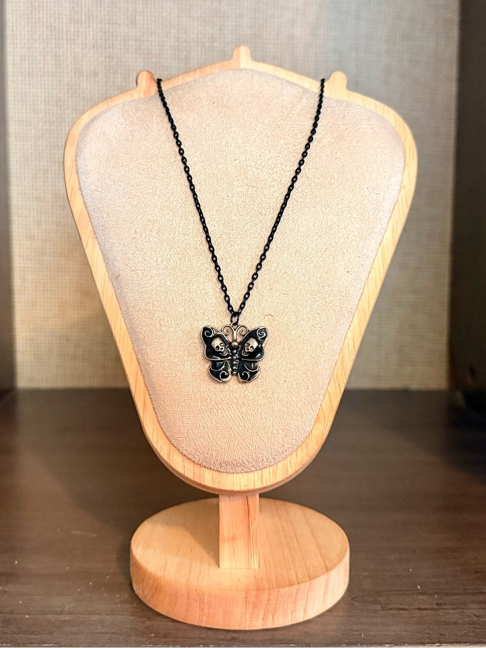 Black Enamel Butterfly Skulls Necklace 18”